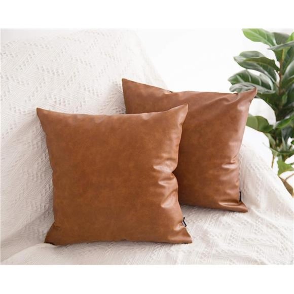 Faux Leather Throw Pillow Covers,18 x 18 inch Set of 2 Thick Cognac Brown Modern - Picture 4 of 5